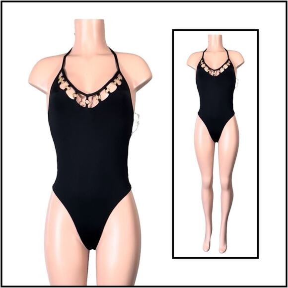 Beach Bunny Black Ireland Coated Rings One Piece SZ M $249 - Picture 3 of 11